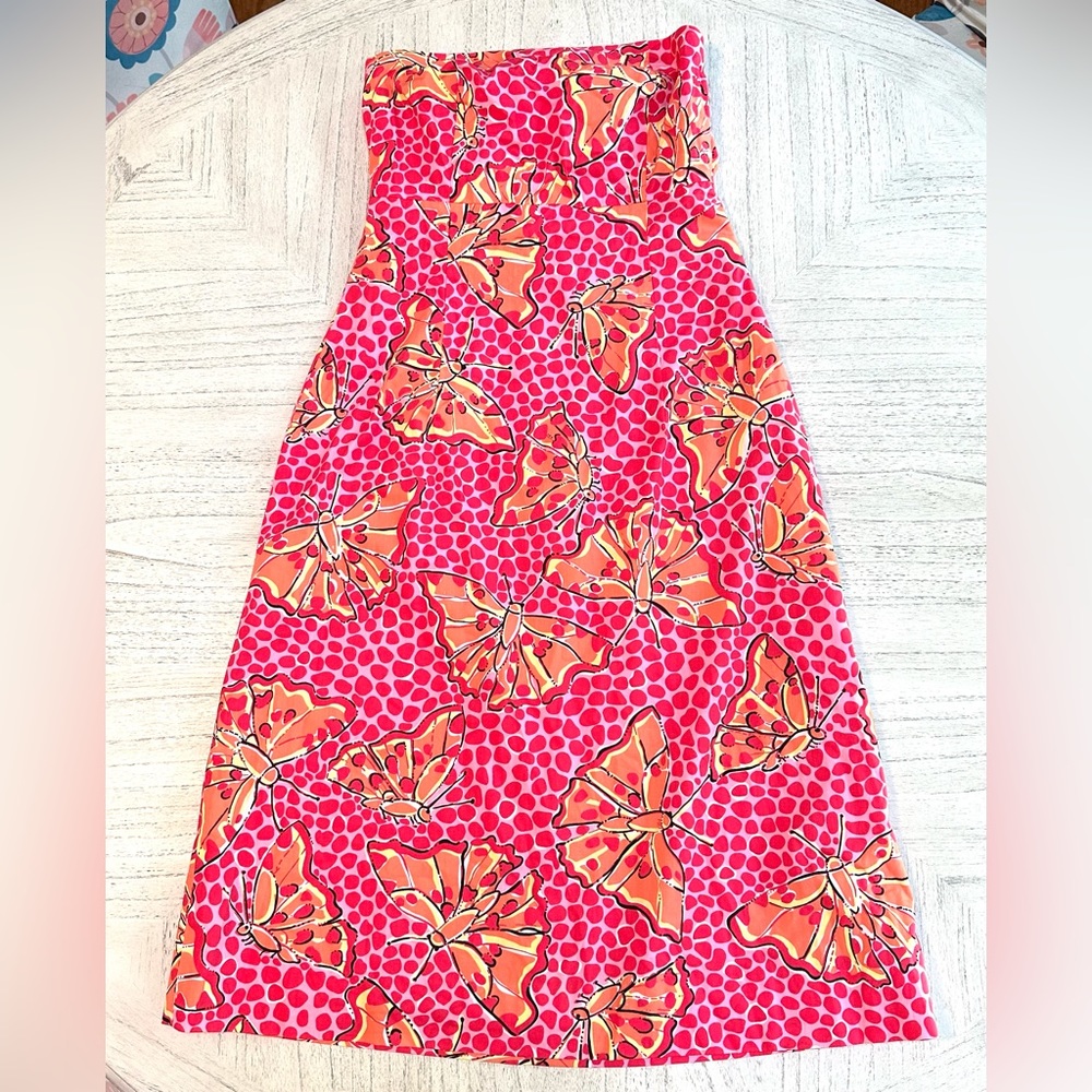 Lilly Pulitzer strapless dress, pink butterfly print, size 4, like new condition